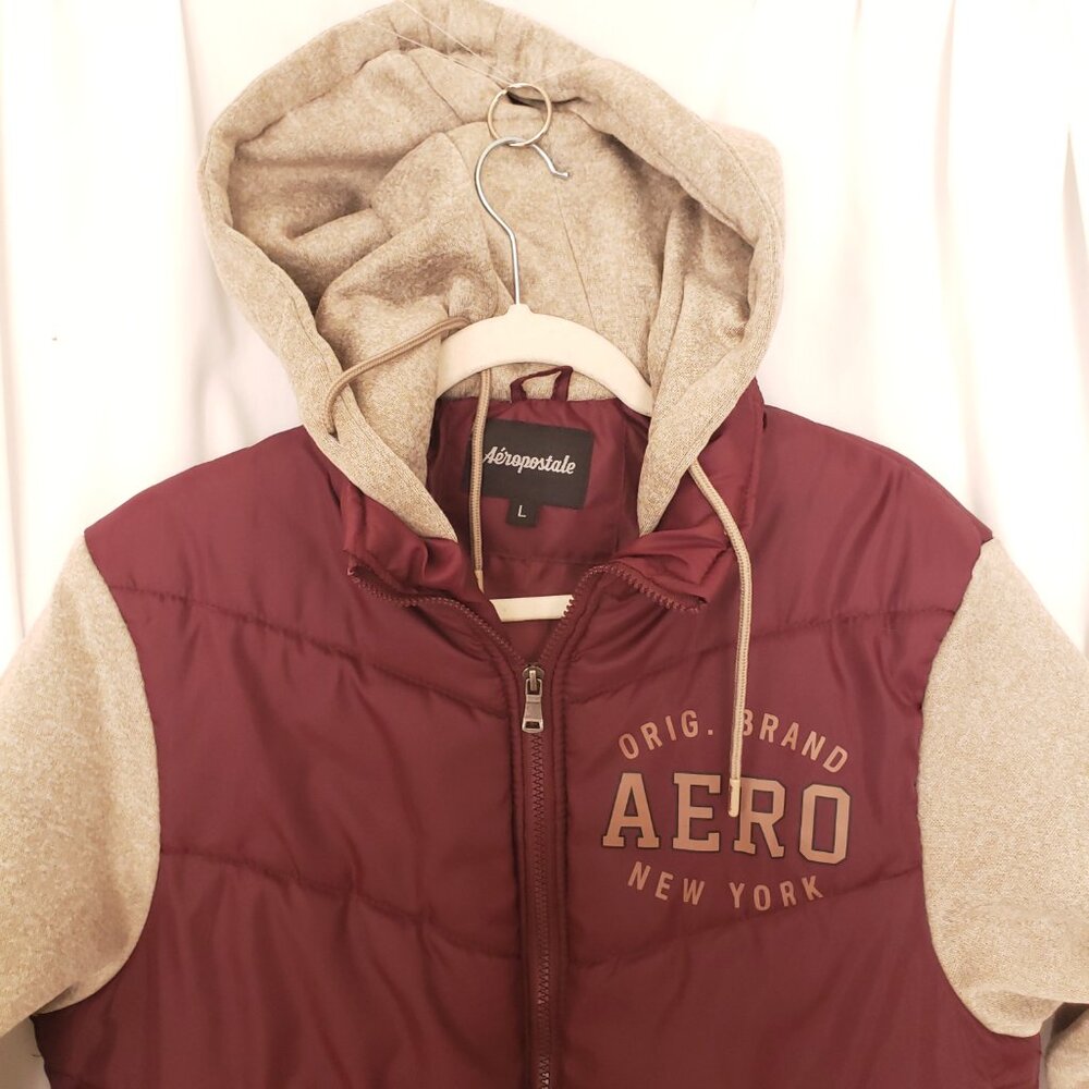 Aeropostale Beige Maroon Hoodie Varsity Bomber Quilted Zipper Jacket Size Large - Picture 6 of 16